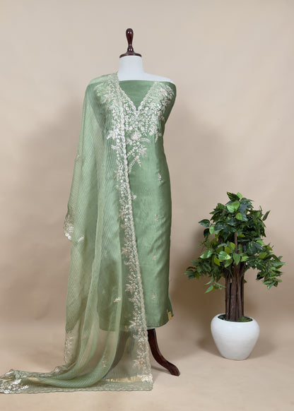 Violet Tussar Silk Unstitched Suit With Pitta Work