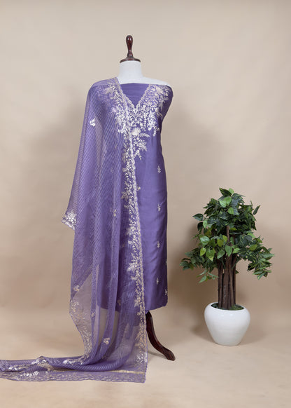 Violet Tussar Silk Unstitched Suit With Pitta Work