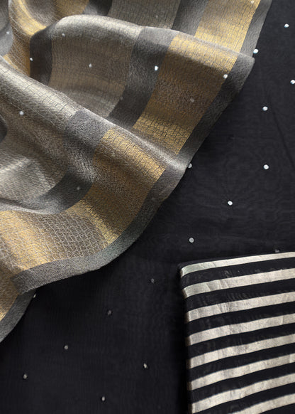 Black Old Luxury Handloom Chanderi Kurta With Handwoven Gold Silver Tissue Dupatta