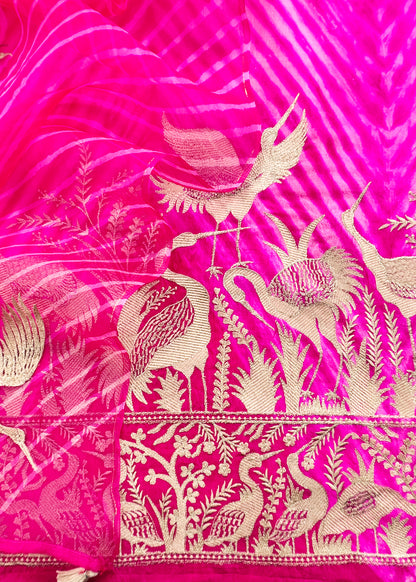 Pink Pure Lehariya Silk Suit With Kora Silk Dupatta