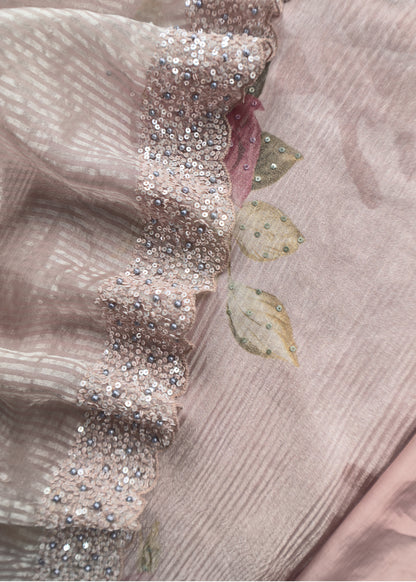 Roses Pastel Unstitched Dupatta-Suit In Handloom Tissue-Silk  With Pearl And Sequins