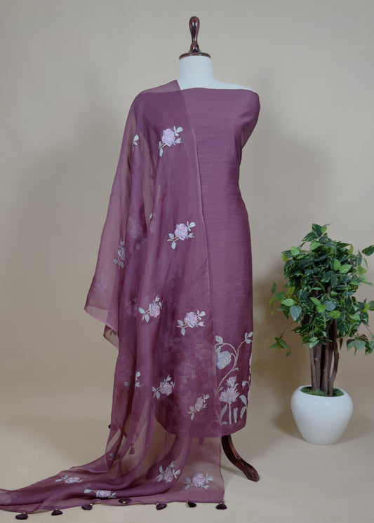 Wine Tussar Silk Suit Unstitched With Dupatta