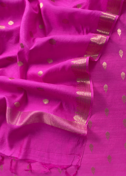 Pink Handloom Munga Silk Suit With Zari Weaving