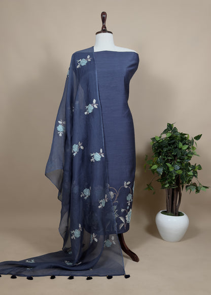 Black Tussar Silk Suit Unstitched With Dupatta