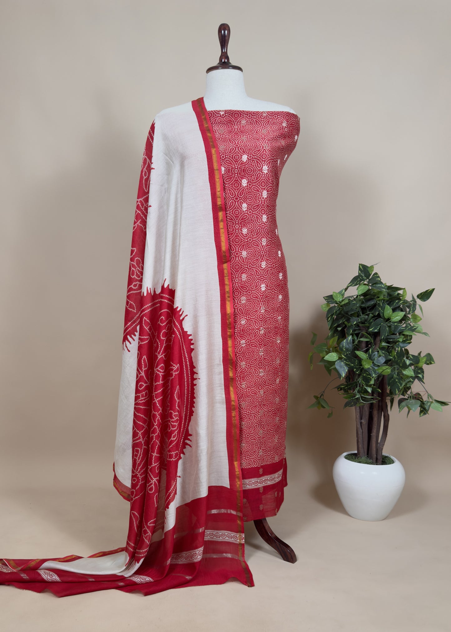 Red Pure Maheshwari Silk Unstitched Suit Bandhani Dupatta