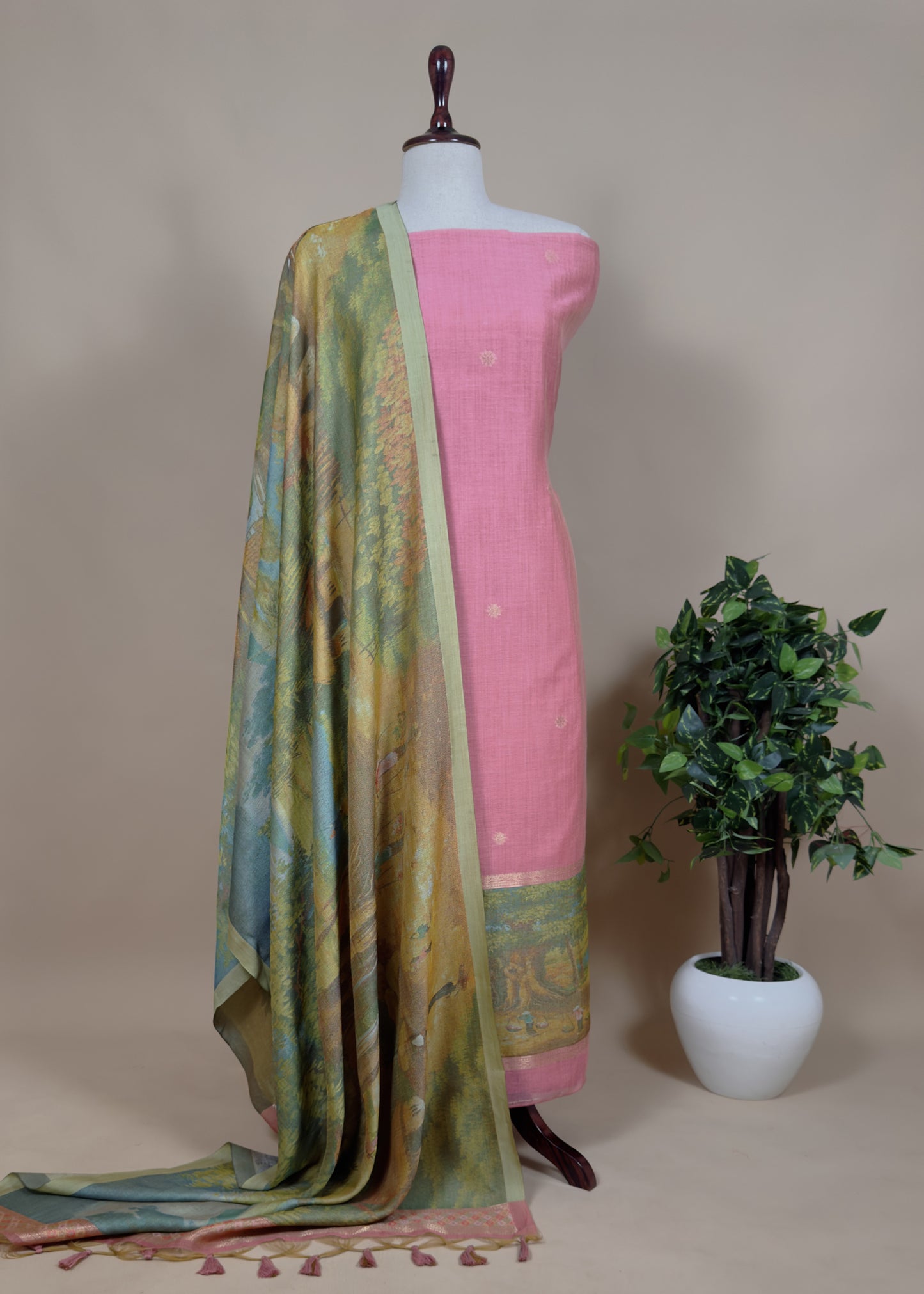 Green Pure Unstitched Chanderi Jamdani Suit With Dupatta