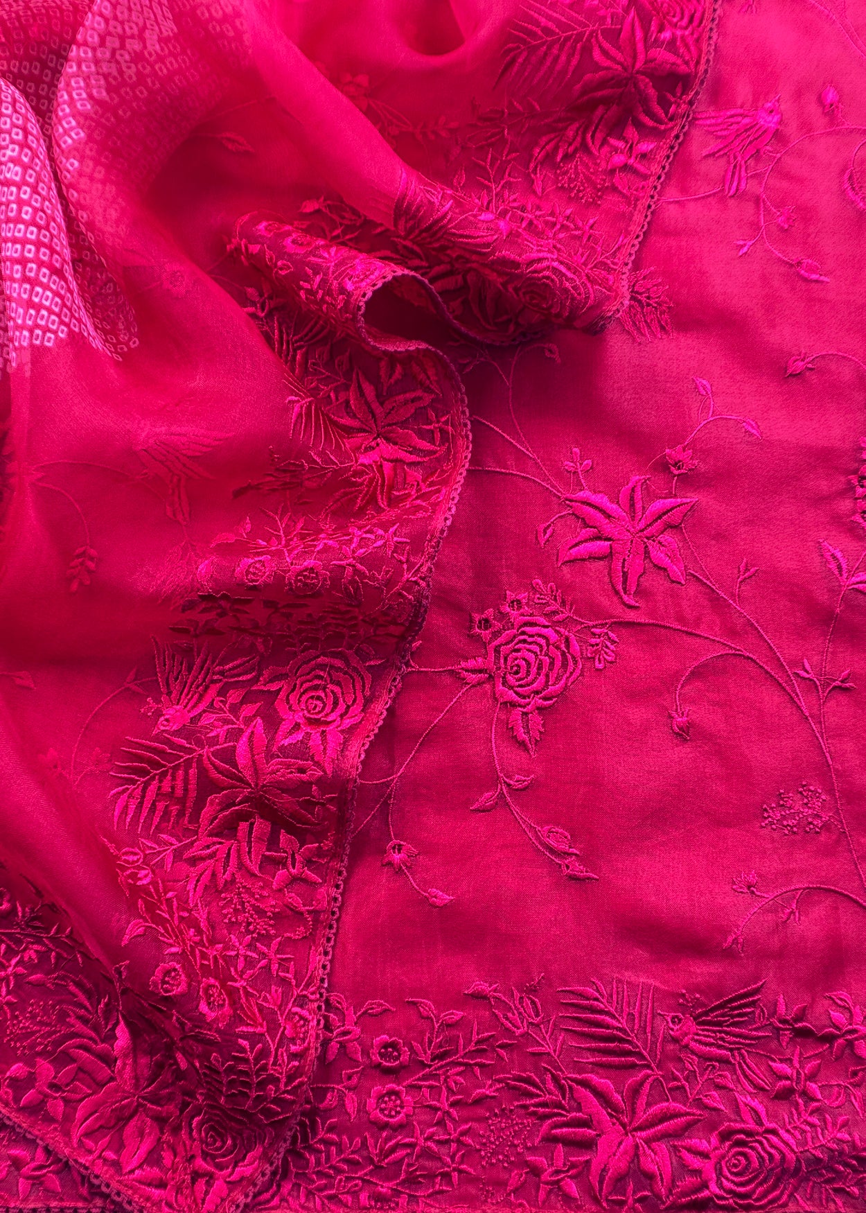 Pink Embroidered Organza Silk Unstitched Suit With Bandhani Dupatta