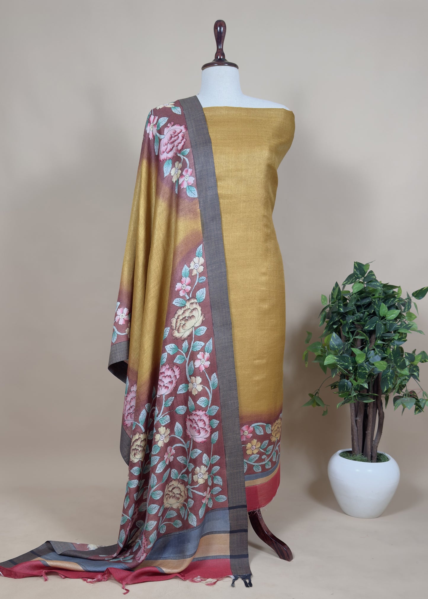 Pure Unstitched Pashmina Suit Hand-Painted Kalamkari Pashmina Dupatta