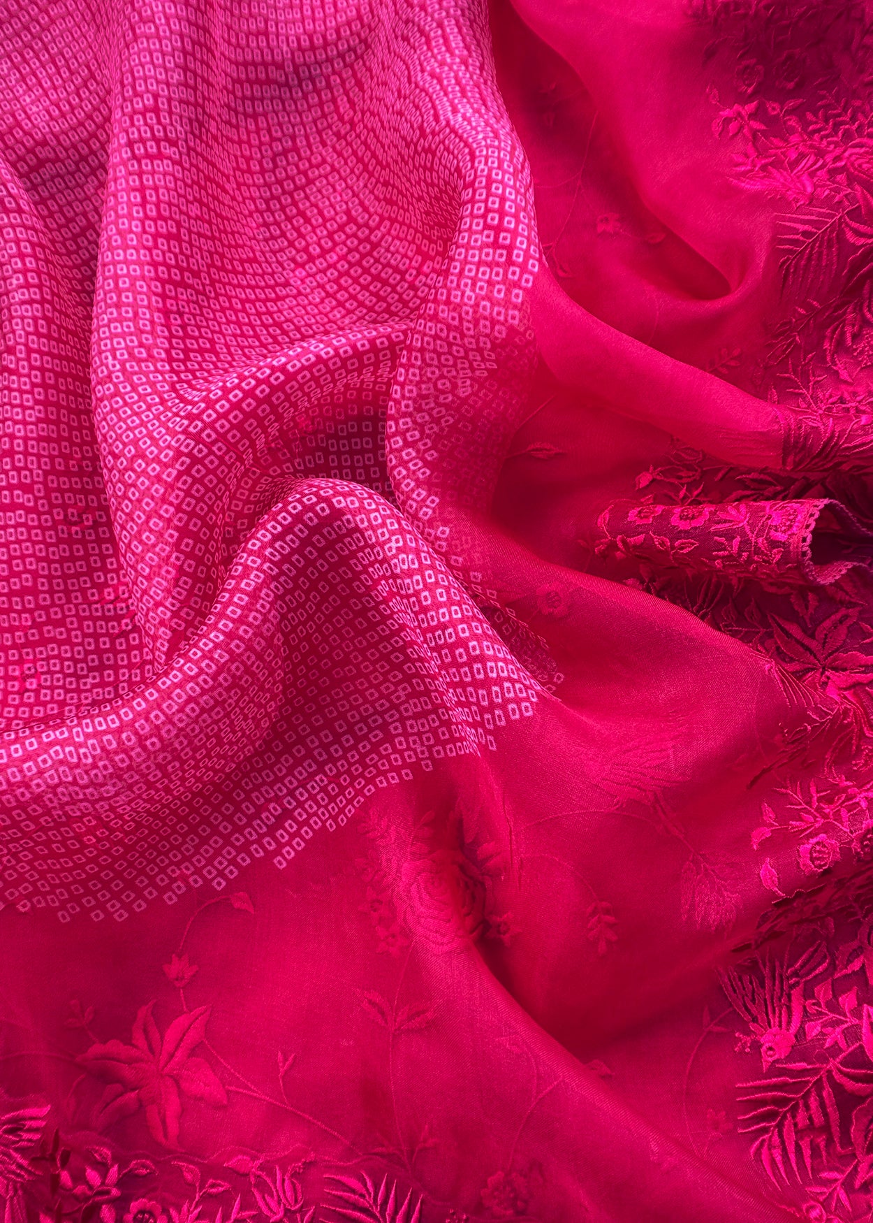 Pink Embroidered Organza Silk Unstitched Suit With Bandhani Dupatta
