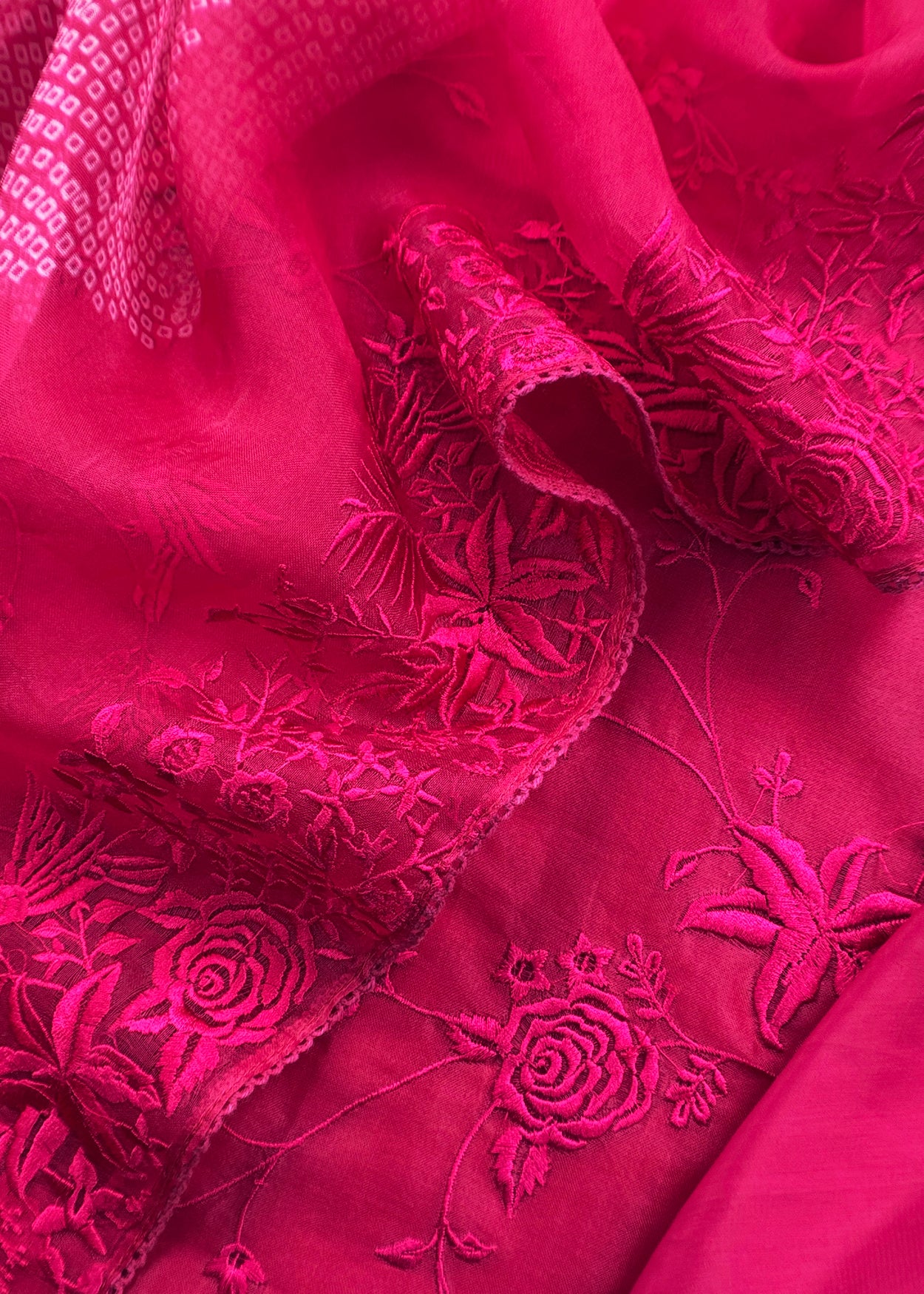 Pink Embroidered Organza Silk Unstitched Suit With Bandhani Dupatta