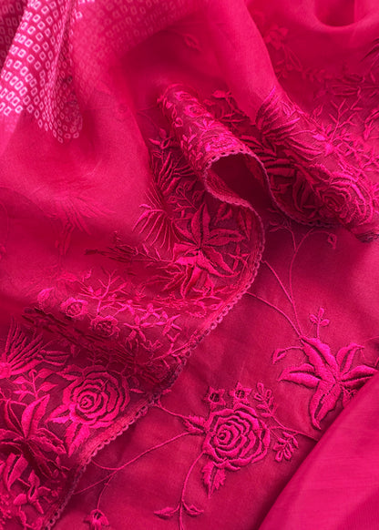 Pink Embroidered Organza Silk Unstitched Suit With Bandhani Dupatta