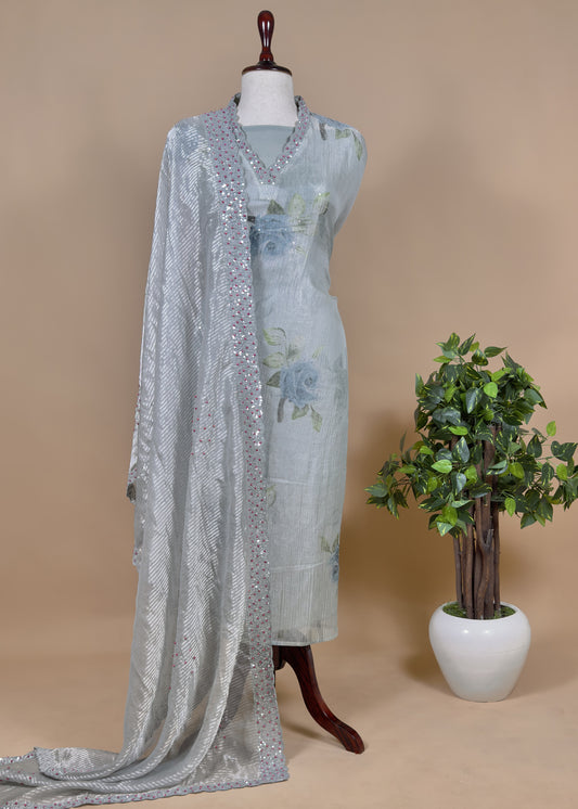 Fresh Green Pastel Unstitched Dupatta-suit in Handloom Tissue-Silk  with Pearl and sequins