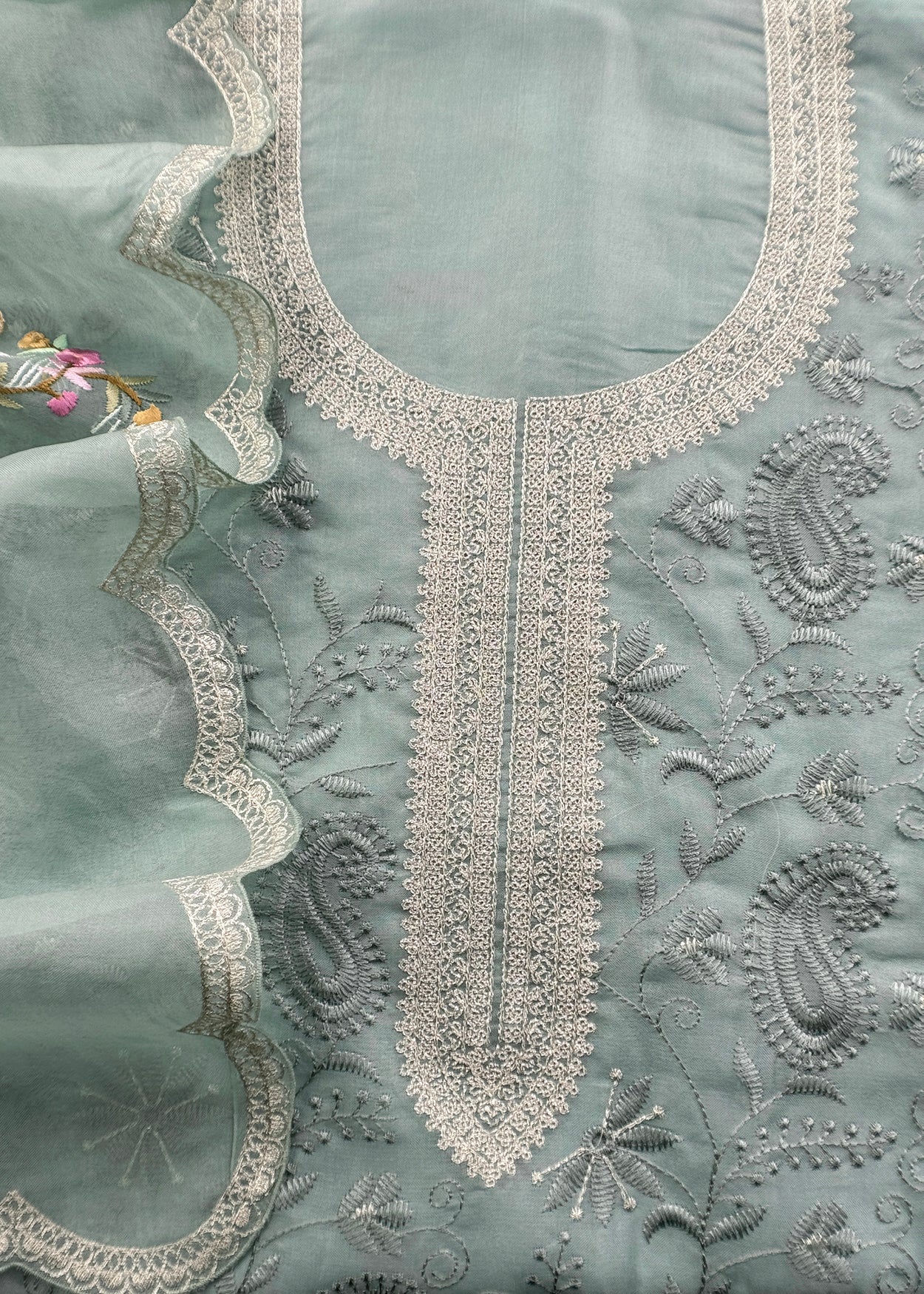 Blue Parsi Thread Embroidery Pure Organza Unstitched Suit With Dupatta