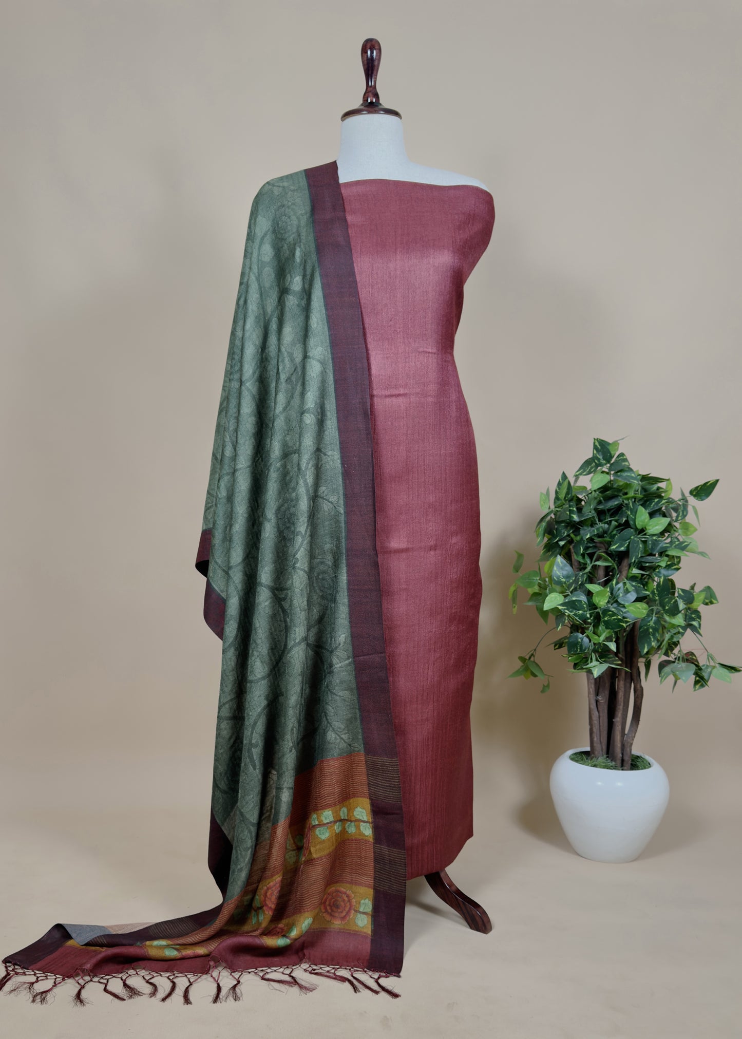 Maroon Pure Pashmina Unstitched Suits With Kalamkari Dupatta