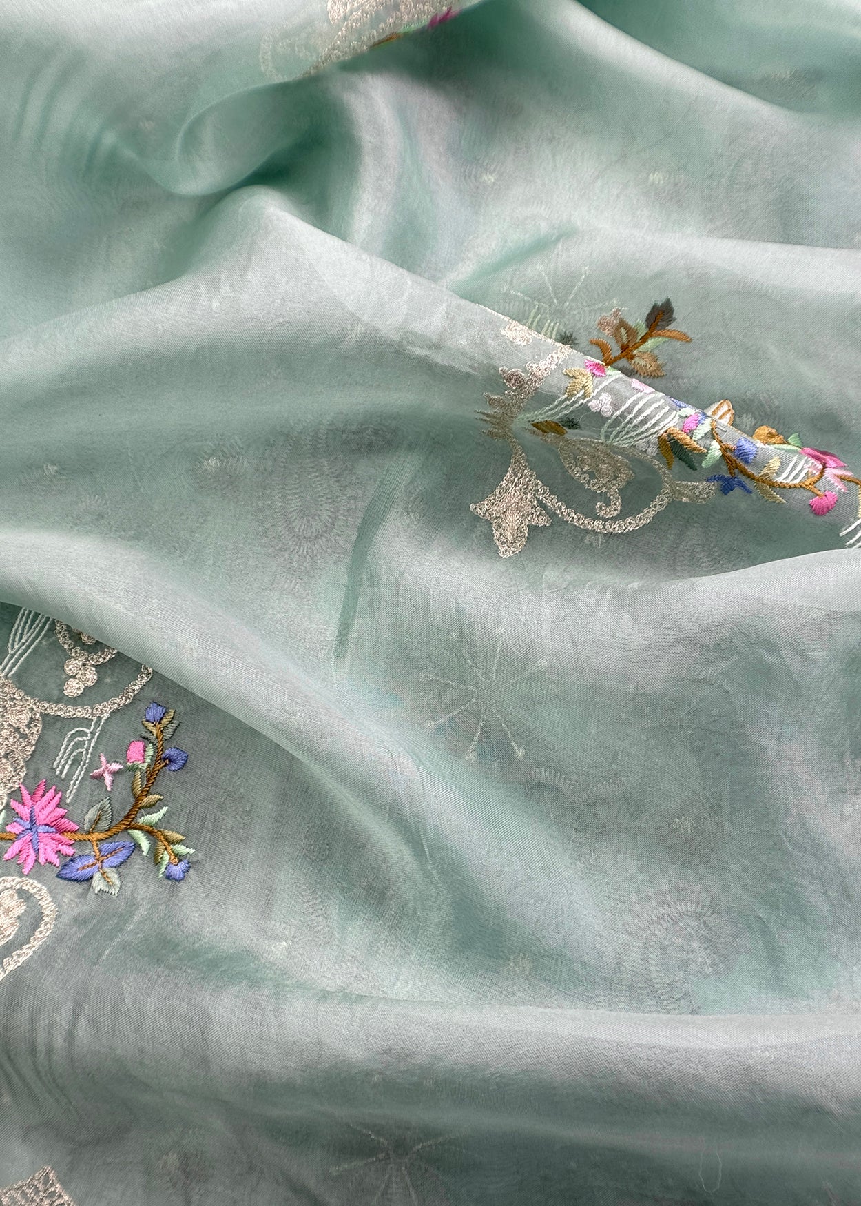 Blue Parsi Thread Embroidery Pure Organza Unstitched Suit With Dupatta