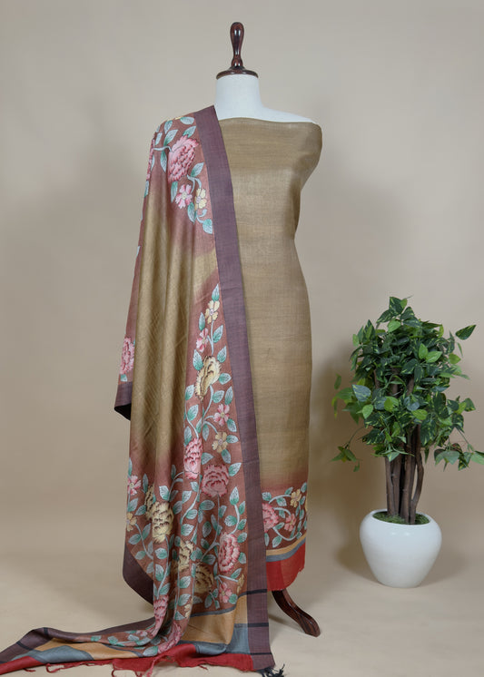 Brown Handloom Pashmina Suit With Hand Painted Kalamakari