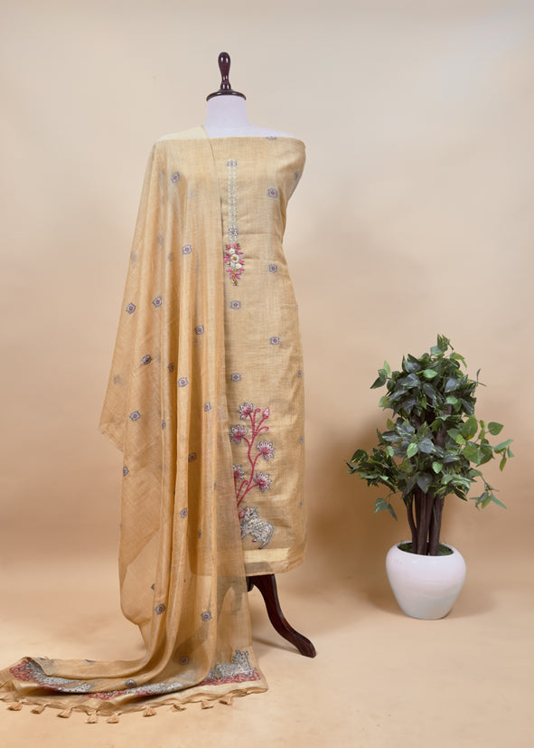 Flamingo Pink Kantha Embroidered Pichwai Suit With Jamdani Weaving