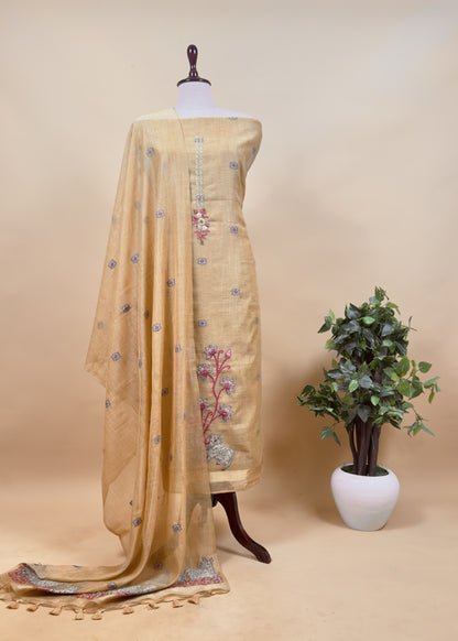Flamingo Pink Kantha Embroidered Pichwai Suit With Jamdani Weaving