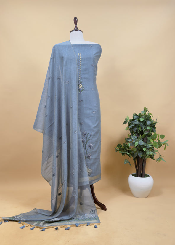 Flamingo Pink Kantha Embroidered Pichwai Suit With Jamdani Weaving