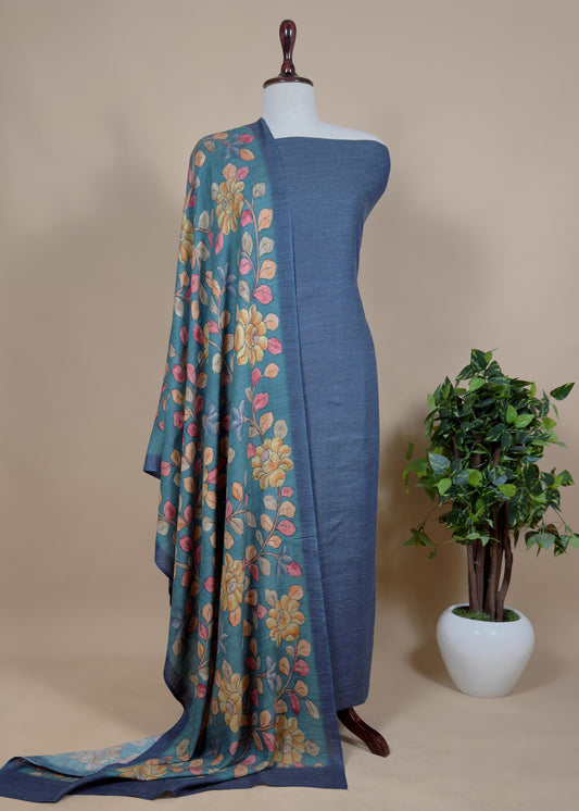 Blue Pure Unstitched Pashmina Suit Kalamkari Pashmina Dupatta