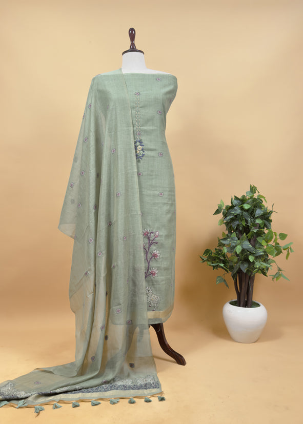 Flamingo Pink Kantha Embroidered Pichwai Suit With Jamdani Weaving