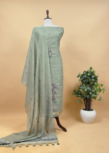 Flamingo Pink Kantha Embroidered Pichwai Suit With Jamdani Weaving