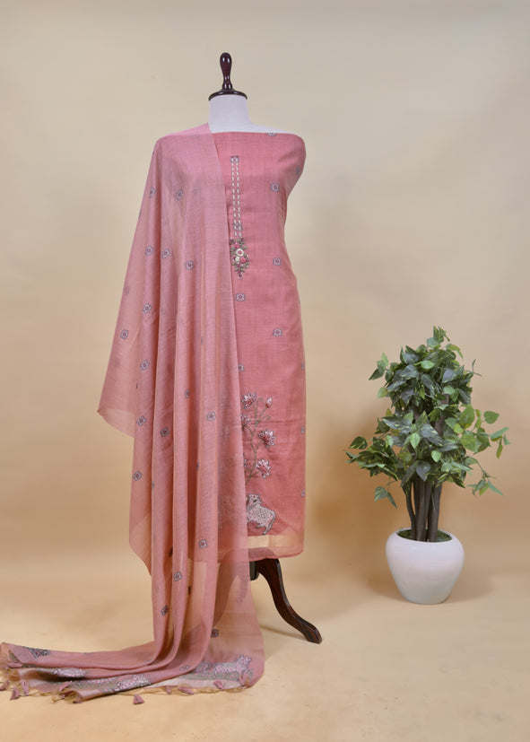 Flamingo Pink Kantha Embroidered Pichwai Suit With Jamdani Weaving