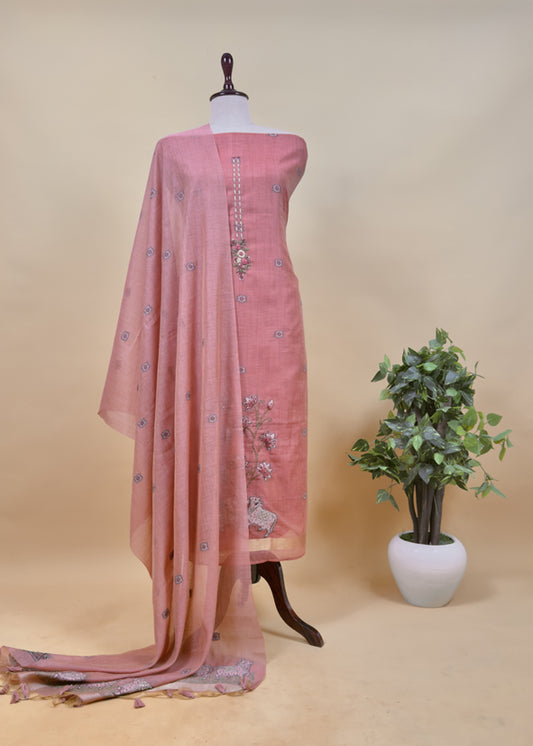 Flamingo Pink Kantha Embroidered Pichwai Suit With Jamdani Weaving