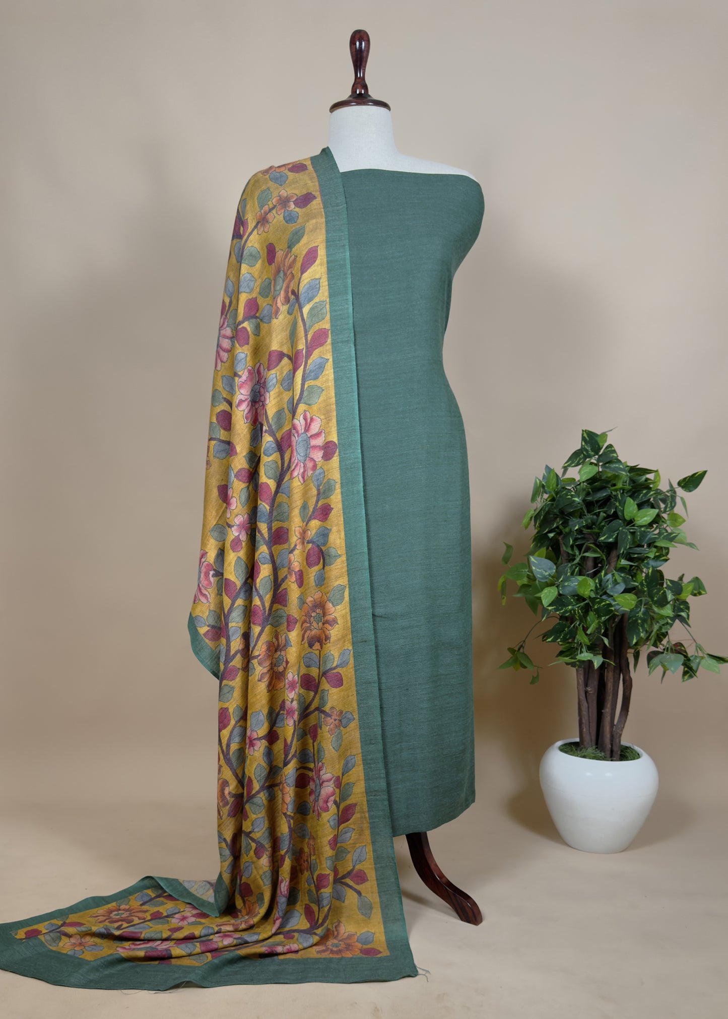 Pure Unstitched Pashmina Suit Kalamkari Pashmina Dupatta