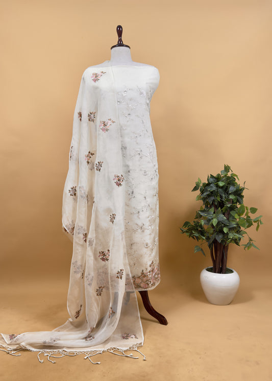 Off White Pure Organza Unstitched Suit With Resham Thread Embroidery