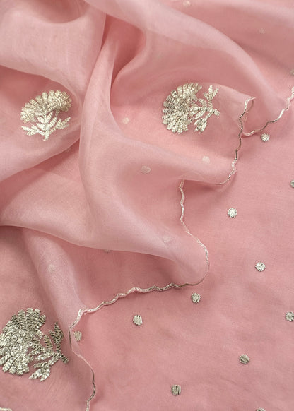Pink Handloom Organza Silk Unstitched Suit With Gota Handwork