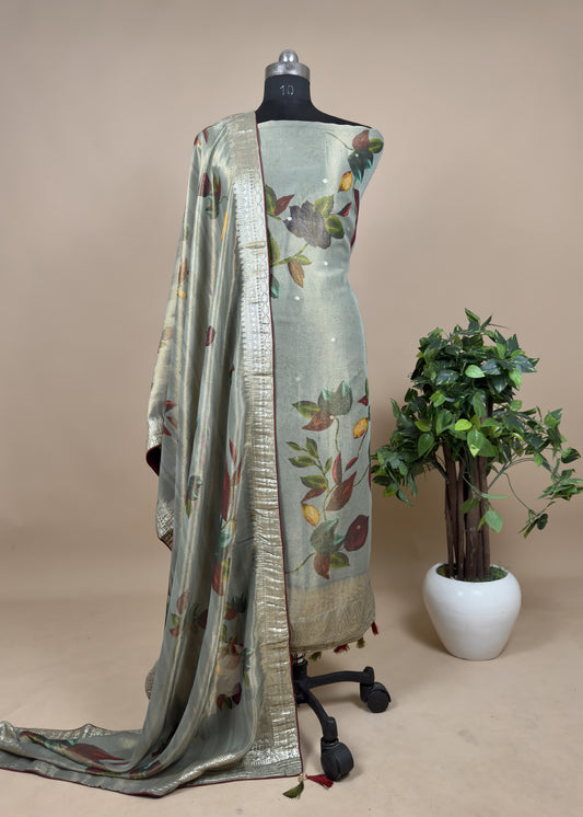 Green Handwoven Tissue-Silk Forest Haze Suit set