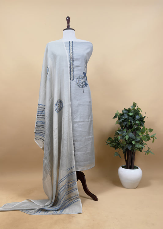 Blue Jamdani Weaved Muslin Suit With Kantha Embroidery