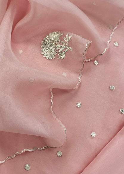 Pink Handloom Organza Silk Unstitched Suit With Gota Handwork