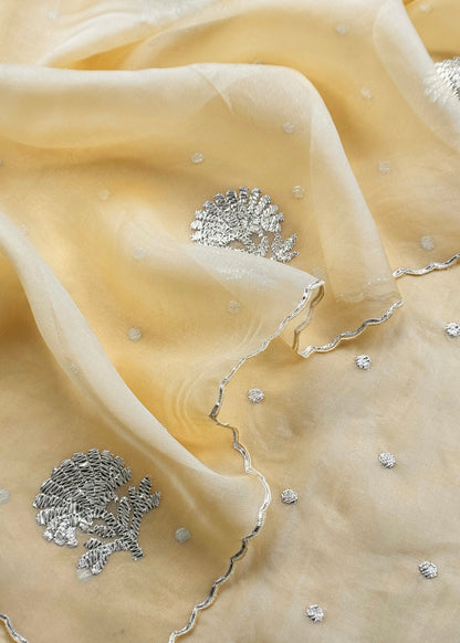 Butter Yellow Handloom Organza Silk Unstitched Suit With Gota Handwork