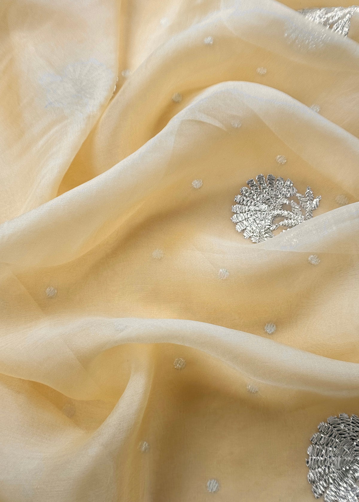 Butter Yellow Handloom Organza Silk Unstitched Suit With Gota Handwork