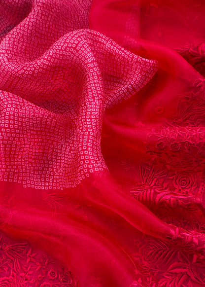 Red Embroidered Organza Silk Unstitched Suit With Bandhani Dupatta