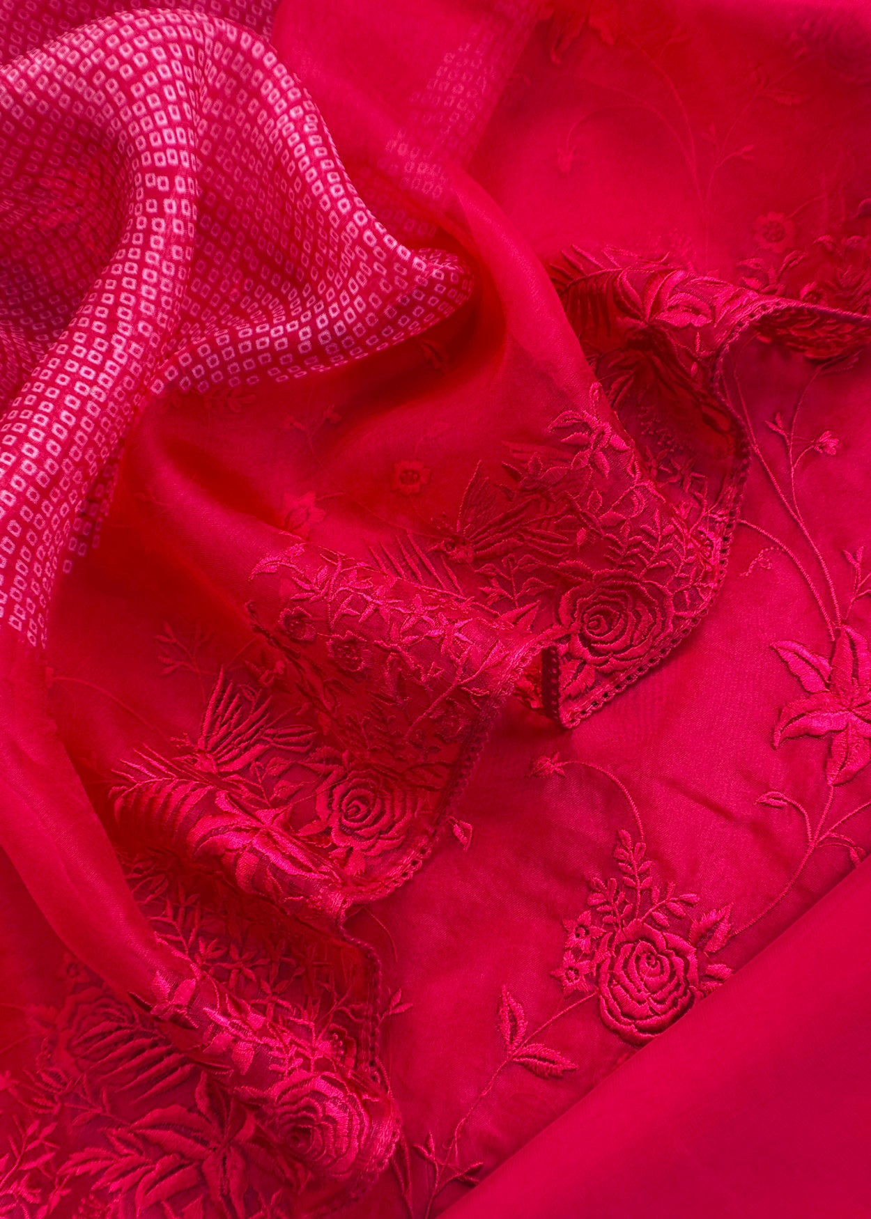 Red Embroidered Organza Silk Unstitched Suit With Bandhani Dupatta