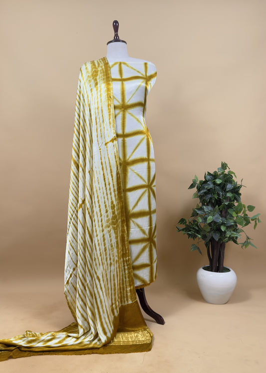 Goldenrod Hand-Dyed Shibori Print Pure Gajji Silk Suit With Zari Border