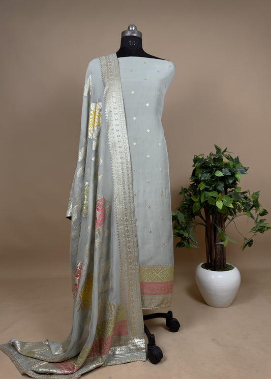 Tissue Silk Unstitched dupatta suit with Meenakari and zari weaving