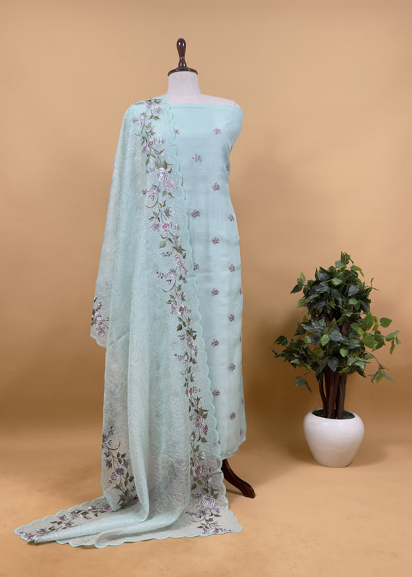 Powder Blue Pure Organza unstitched Suit With Resham Embroidery