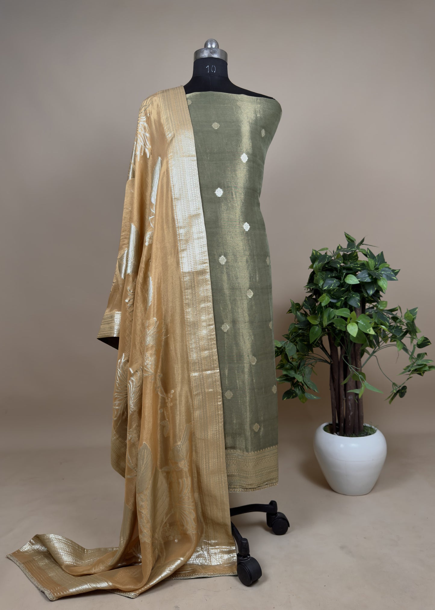 Green Tissue Silk Unstitched Suit With Golden Yellow Dupatta