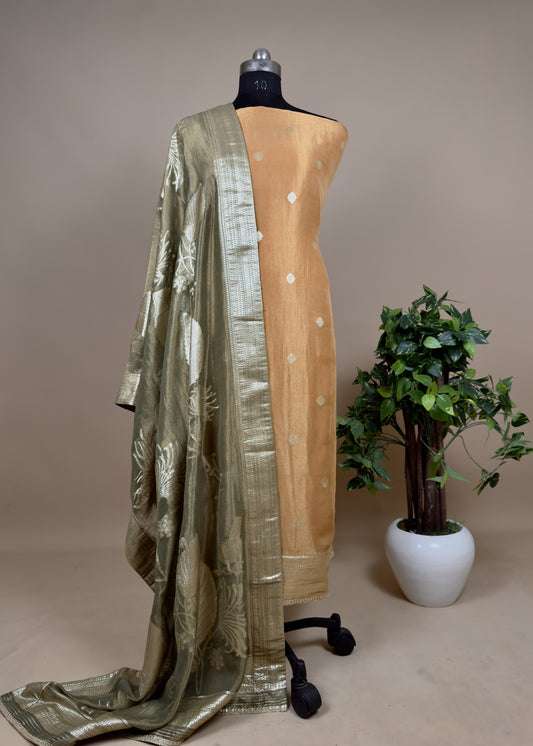 Golden Yellow Tissue Silk Unstitched Suit With Contrast Green Dupatta