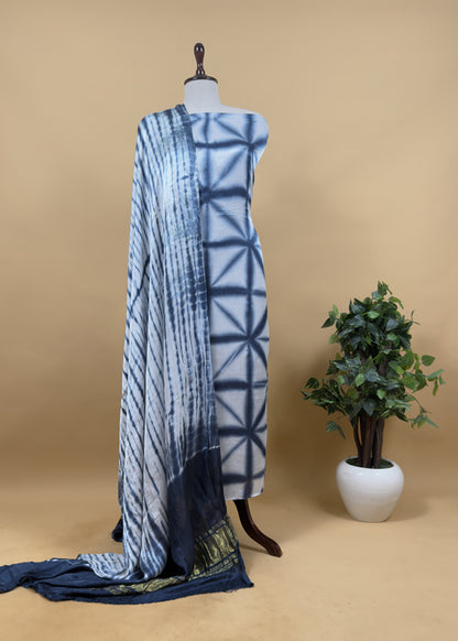 Indigo Hand-Dyed Shibori Print Pure Gajji Silk Suit With Zari Border