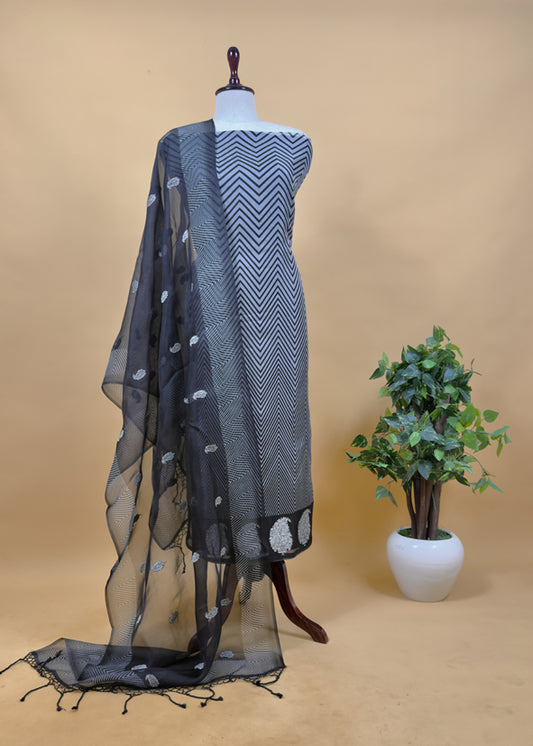 Black And White Embroidered Unstitched Suit In Handloom Organza Silk