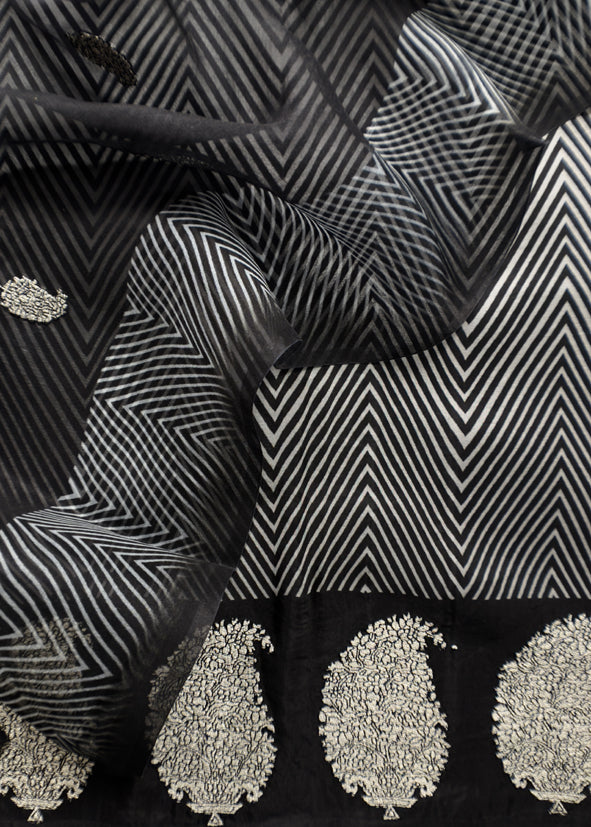 Black And White Embroidered Unstitched Suit In Handloom Organza Silk
