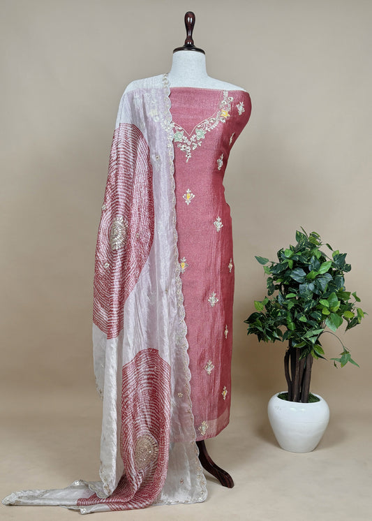 Red Handwoven Crushed Tissue-Silk Unstitched Suit With Dori Hand Embroidery