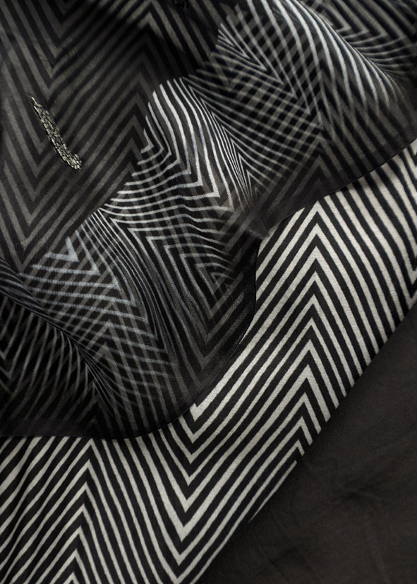 Black And White Embroidered Unstitched Suit In Handloom Organza Silk