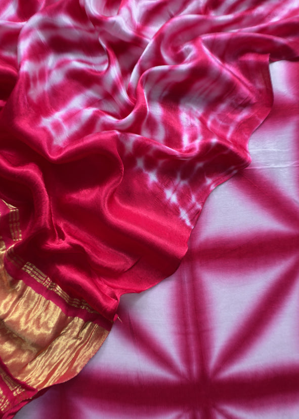 Pink Hand-Dyed Shibori Print Pure Gajji Silk Suit With Zari Border