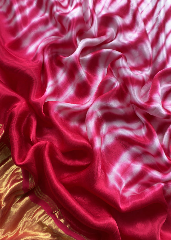 Pink Hand-Dyed Shibori Print Pure Gajji Silk Suit With Zari Border